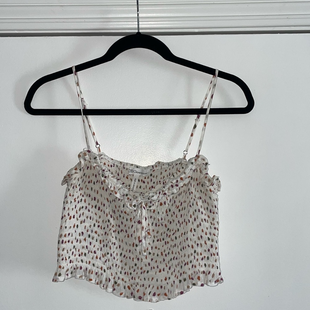 BCBGeneration White and Brown Spotted Crop Top